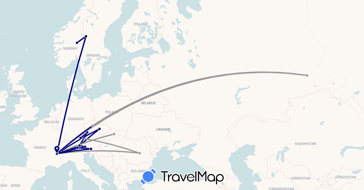 TravelMap itinerary: driving, plane in Austria, Czech Republic, Germany, France, Italy, Norway, Romania, Russia, Sweden, Slovenia, Slovakia (Europe)